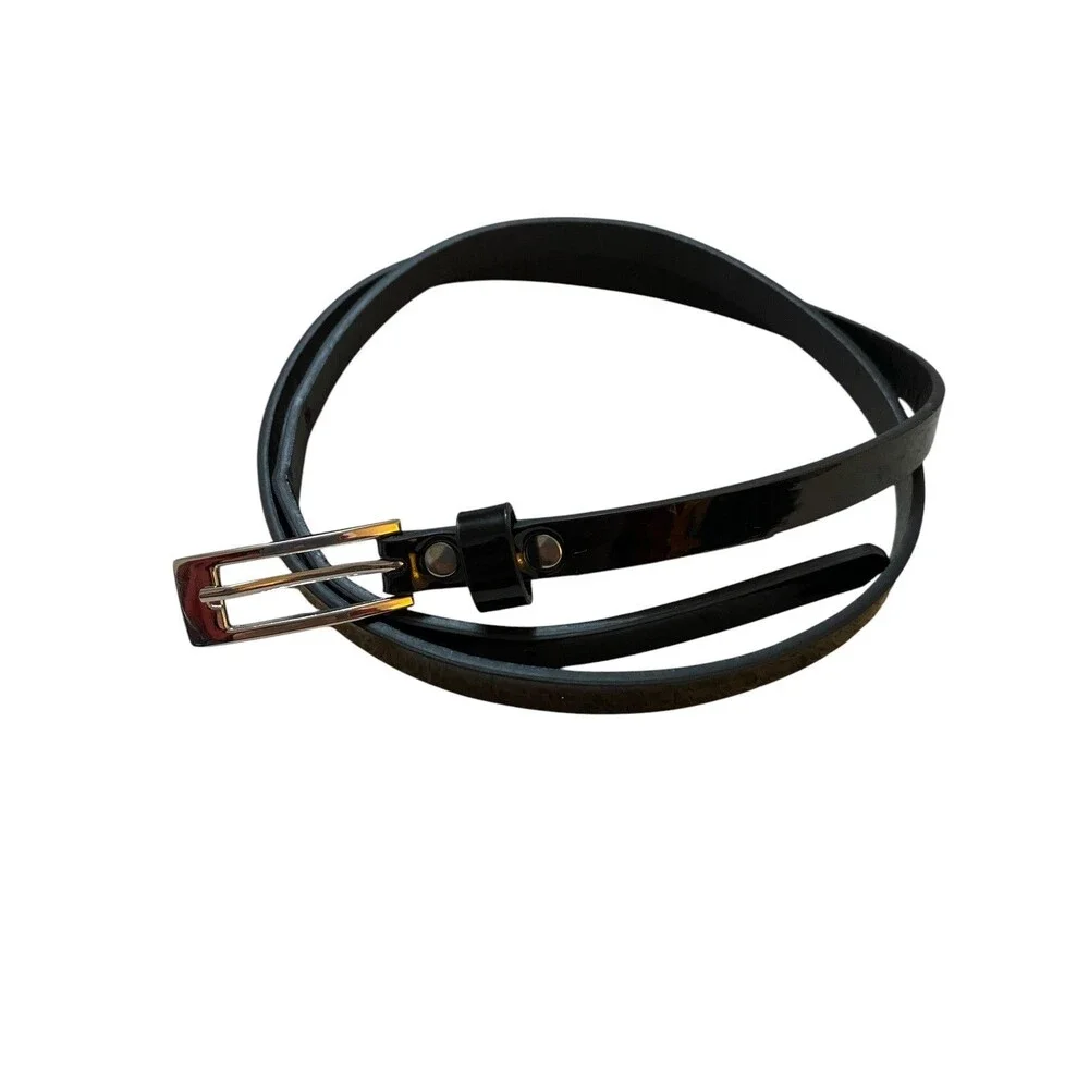 Coldwater Creek Black Patent Skinny Belt Gold Tone Buckle